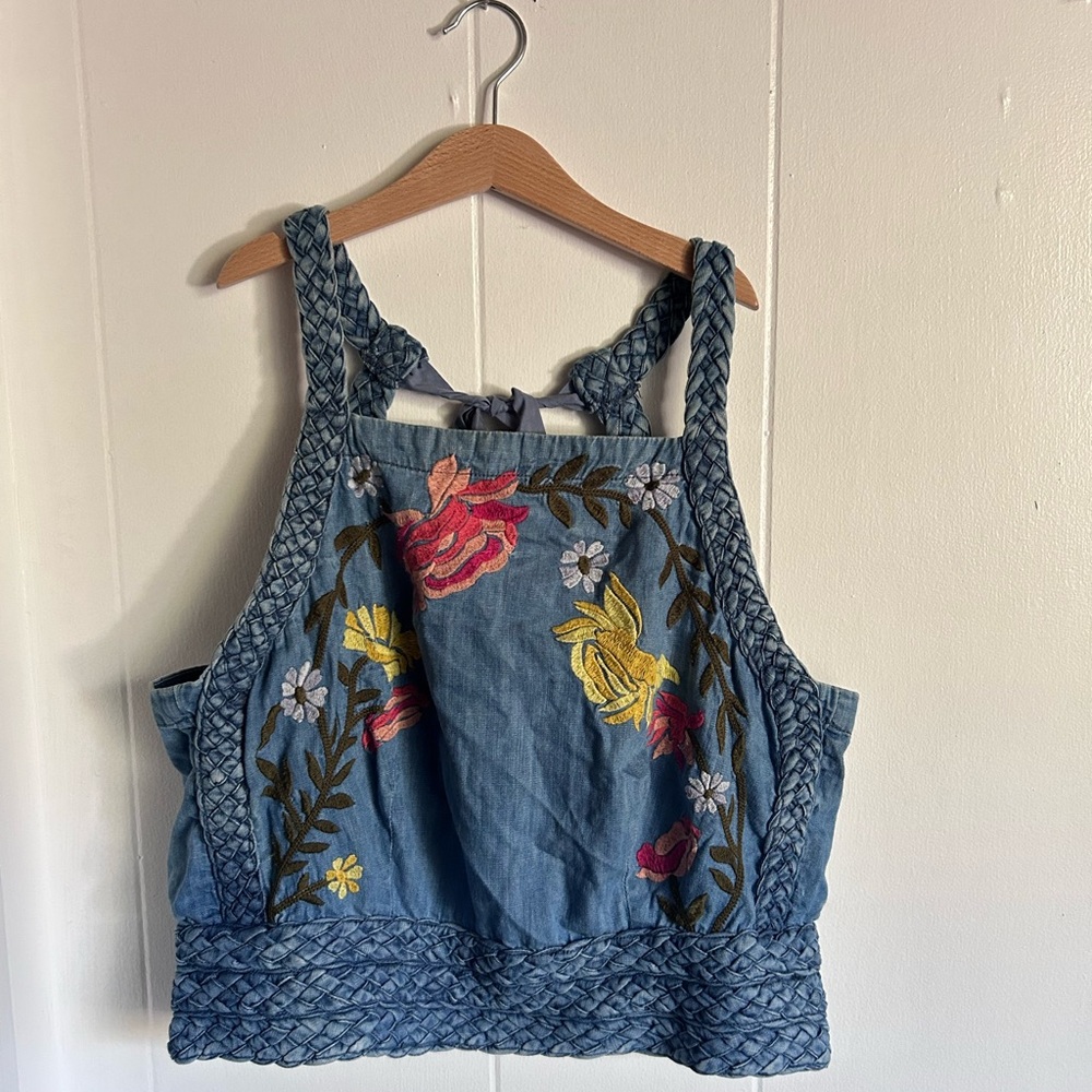 Anthro Embroidered Denim  Top